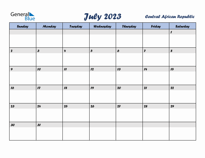 July 2023 Calendar with Holidays in Central African Republic
