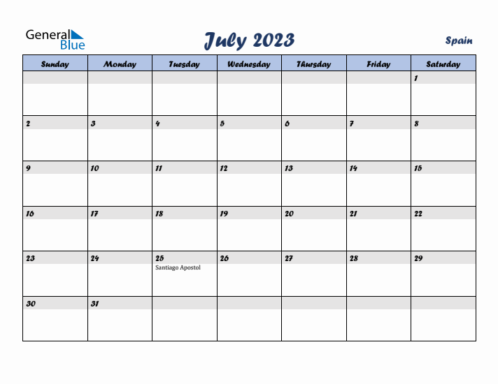 July 2023 Calendar with Holidays in Spain