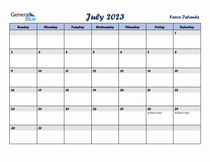 July 2023 Calendar with Holidays in Faroe Islands