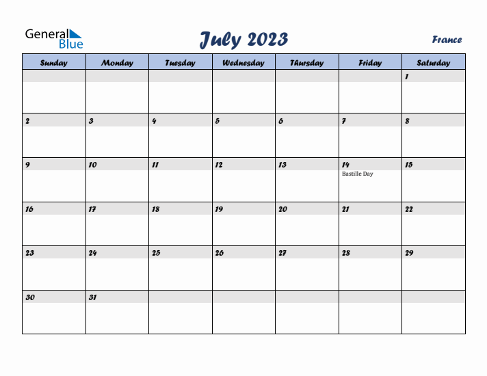 July 2023 Calendar with Holidays in France