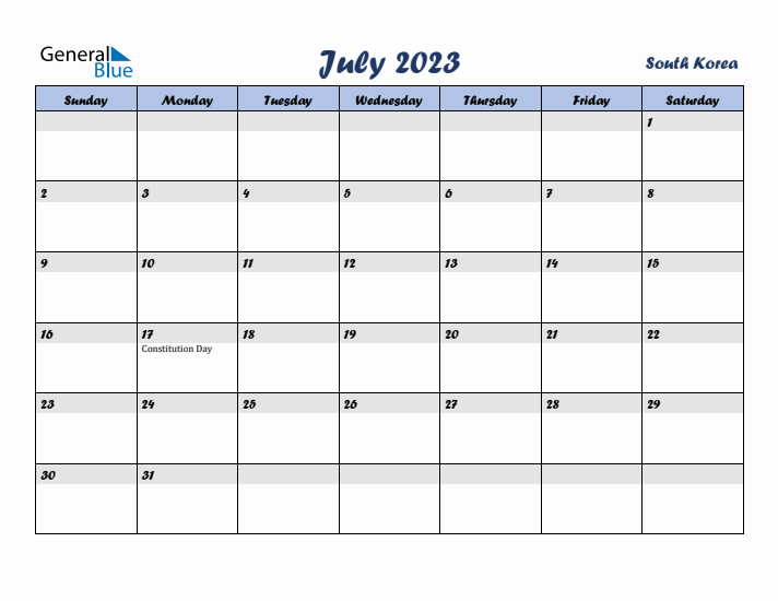 July 2023 Calendar with Holidays in South Korea