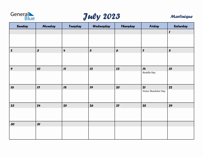 July 2023 Calendar with Holidays in Martinique