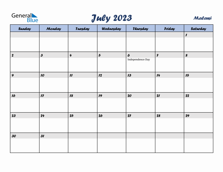 July 2023 Calendar with Holidays in Malawi