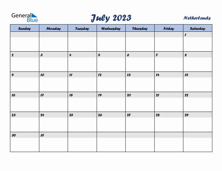 July 2023 Calendar with Holidays in The Netherlands