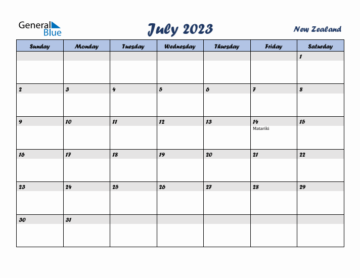 July 2023 Calendar with Holidays in New Zealand