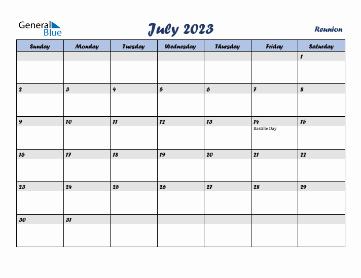 July 2023 Calendar with Holidays in Reunion