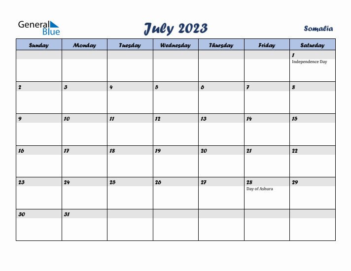 July 2023 Calendar with Holidays in Somalia