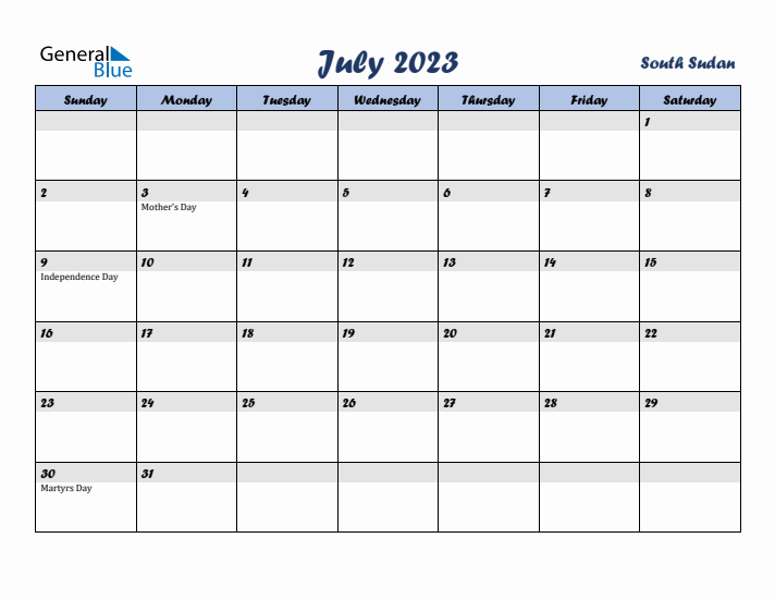July 2023 Calendar with Holidays in South Sudan