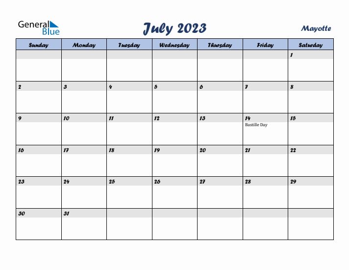 July 2023 Calendar with Holidays in Mayotte