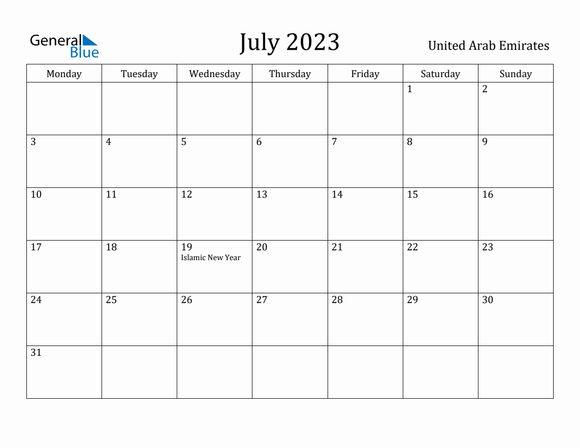 July 2023 - United Arab Emirates Monthly Calendar with Holidays