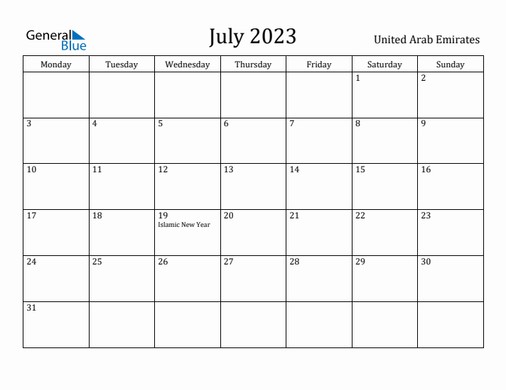 July 2023 Calendar United Arab Emirates