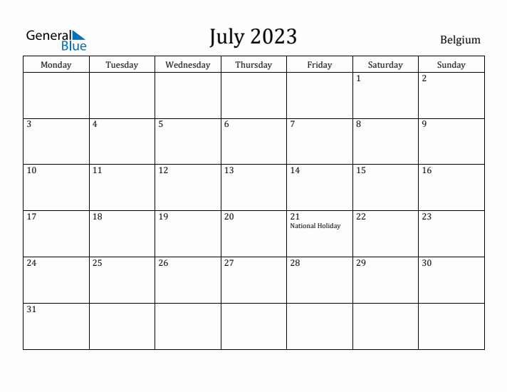 July 2023 Calendar Belgium