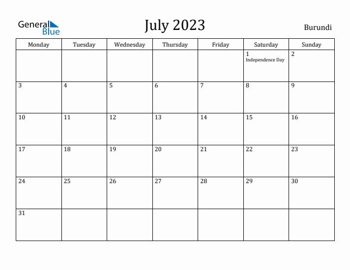 July 2023 Calendar Burundi