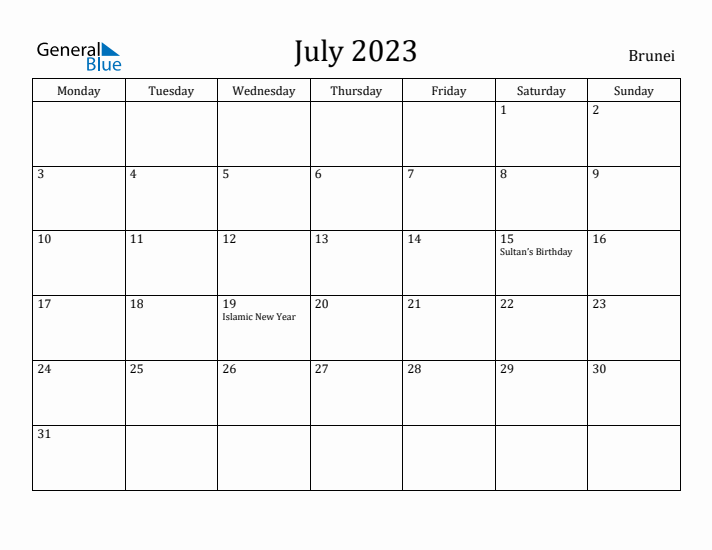 July 2023 Calendar Brunei