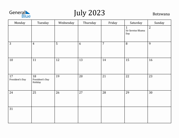 July 2023 Calendar Botswana