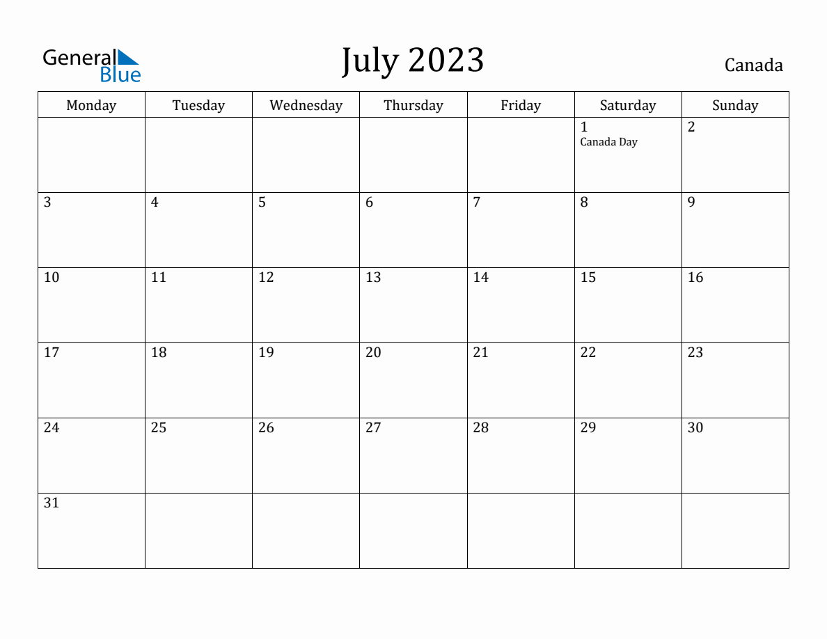 July 2023 - Canada Monthly Calendar with Holidays