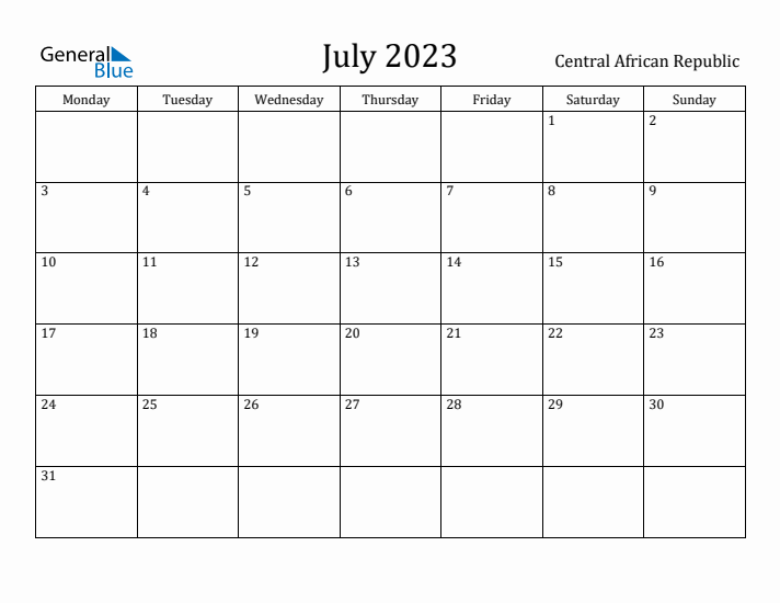 July 2023 Calendar Central African Republic