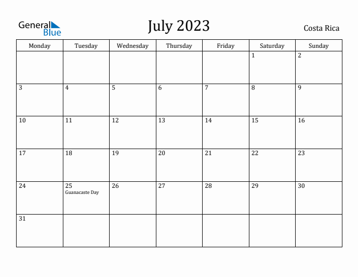 July 2023 Calendar Costa Rica