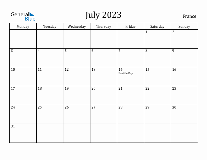 July 2023 Calendar France