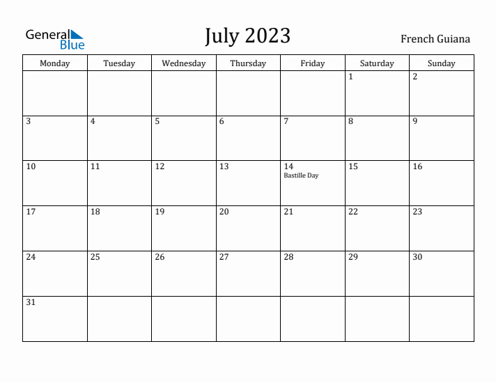 July 2023 Calendar French Guiana