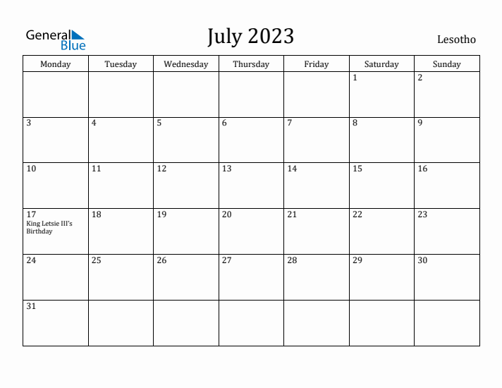July 2023 Calendar Lesotho