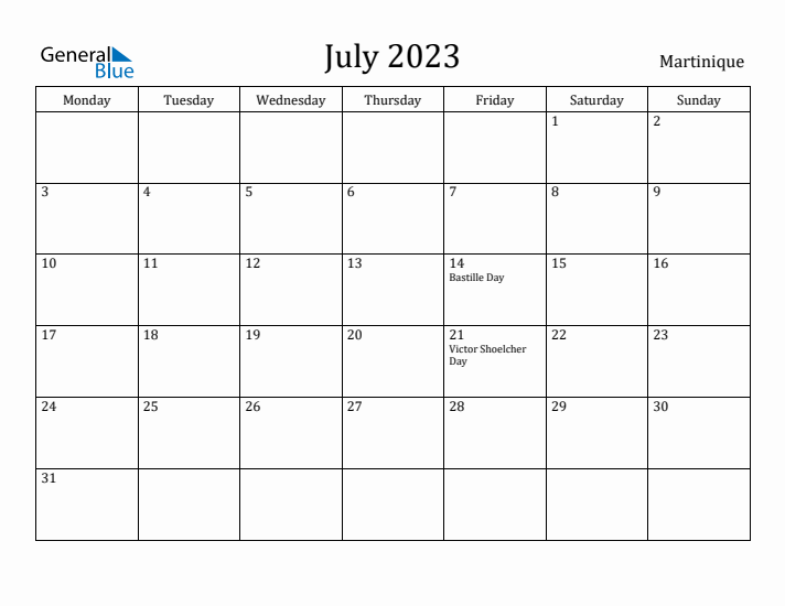 July 2023 Calendar Martinique