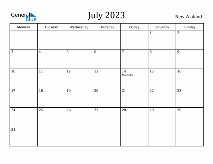 July 2023 Calendar New Zealand