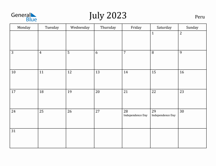 July 2023 Calendar Peru