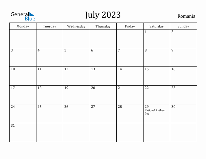 July 2023 Calendar Romania