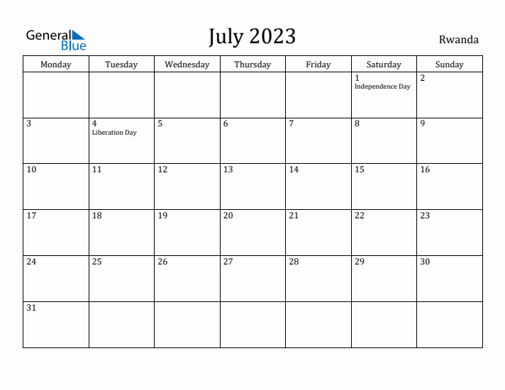 July 2023 Calendar Rwanda