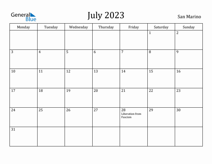 July 2023 Calendar San Marino