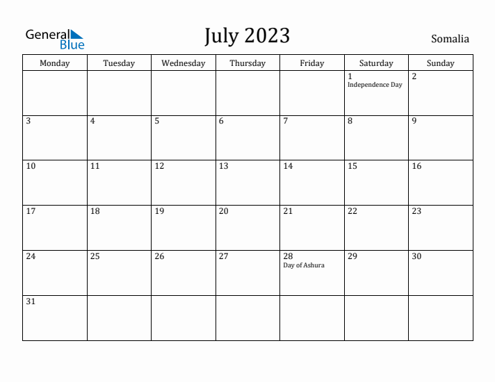 July 2023 Calendar Somalia