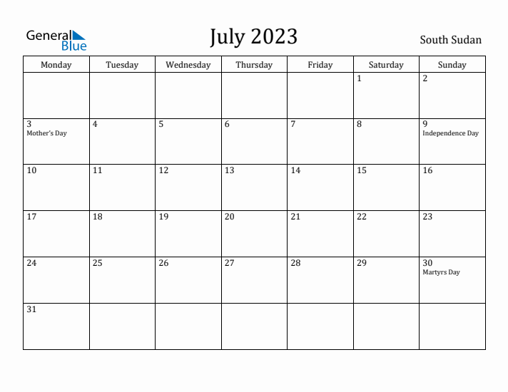 July 2023 Calendar South Sudan