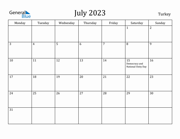July 2023 Calendar Turkey