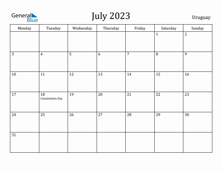 July 2023 Calendar Uruguay