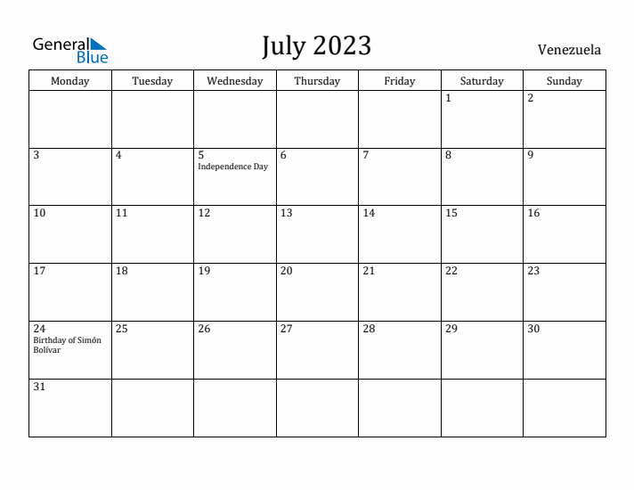 July 2023 Calendar Venezuela