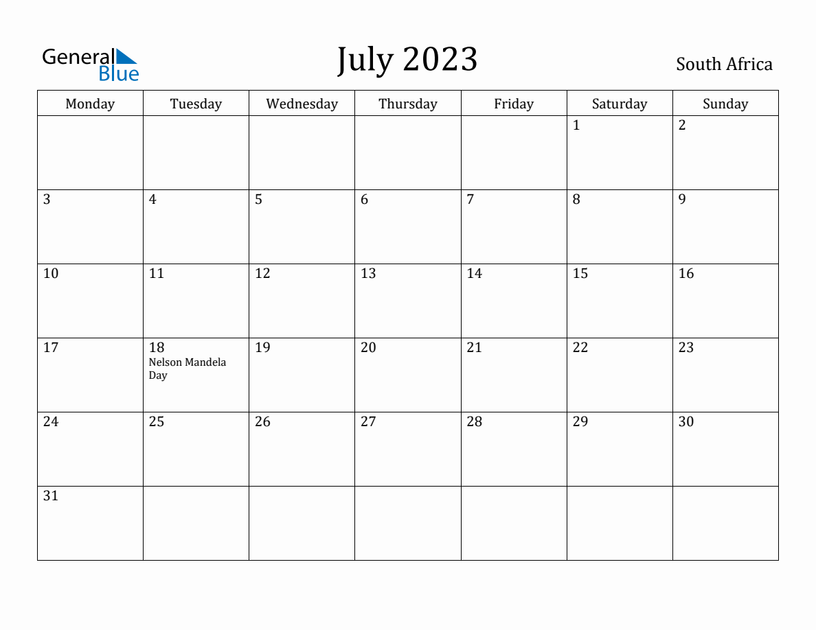 July 2023 South Africa Monthly Calendar with Holidays