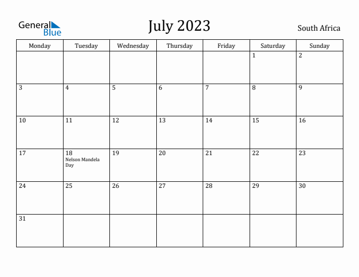 July 2023 Calendar South Africa