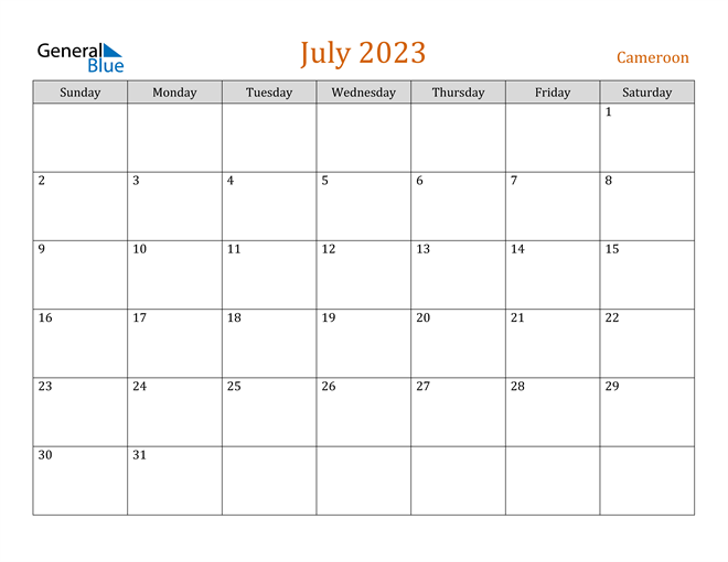 Cameroon July 2023 Calendar with Holidays