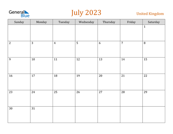 July 2023 Calendar with United Kingdom Holidays