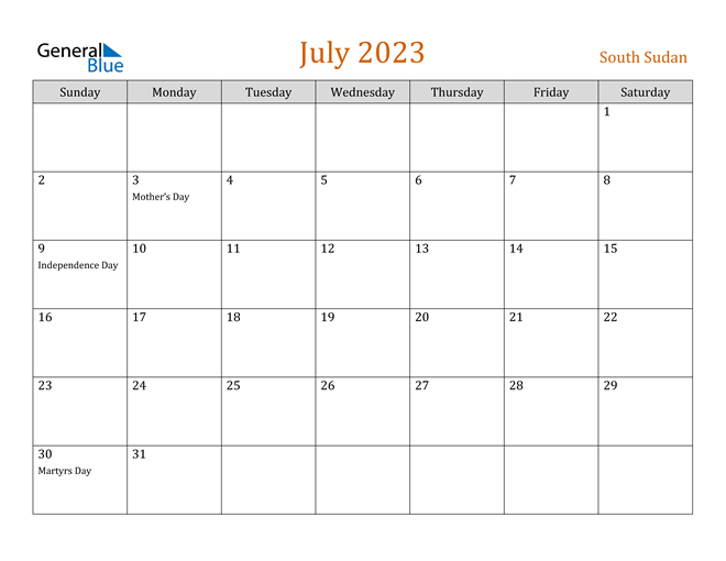 South Sudan July 2023 Calendar with Holidays