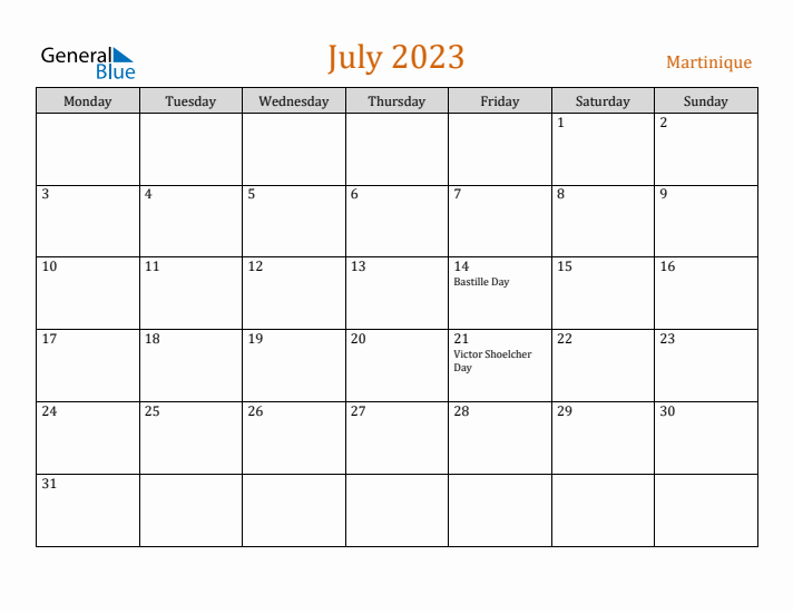 July 2023 Holiday Calendar with Monday Start