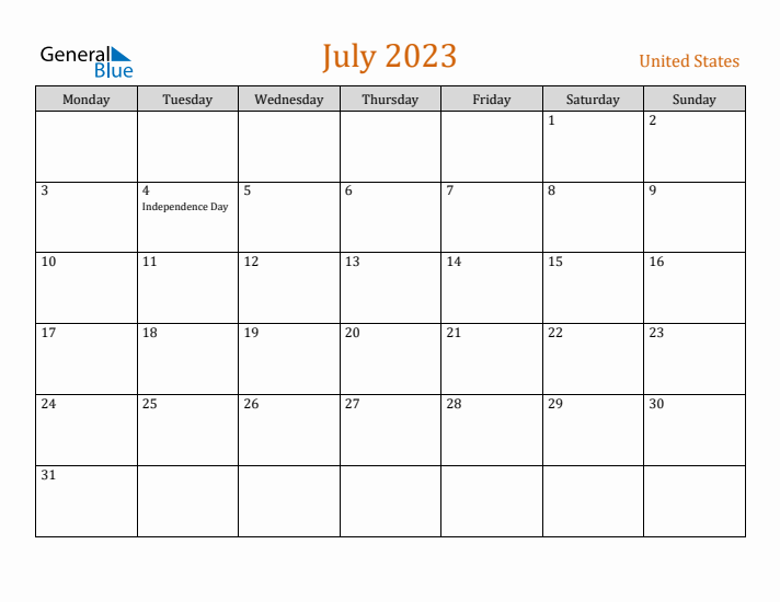 July 2023 Holiday Calendar with Monday Start
