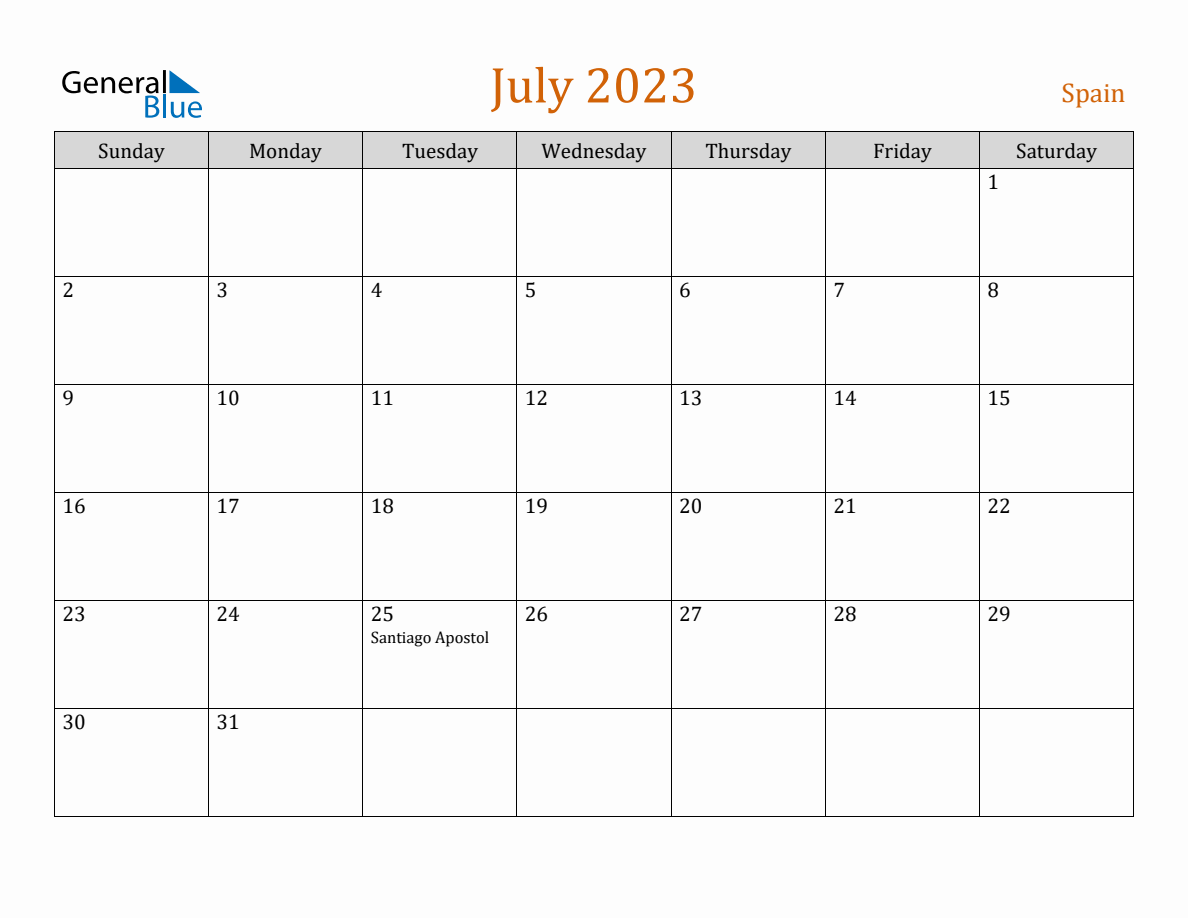 Free July 2023 Spain Calendar