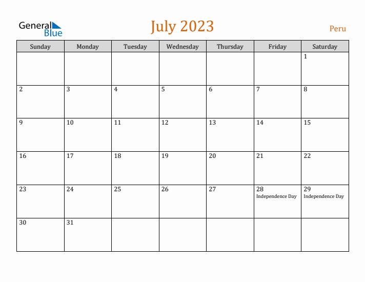 July 2023 Holiday Calendar with Sunday Start