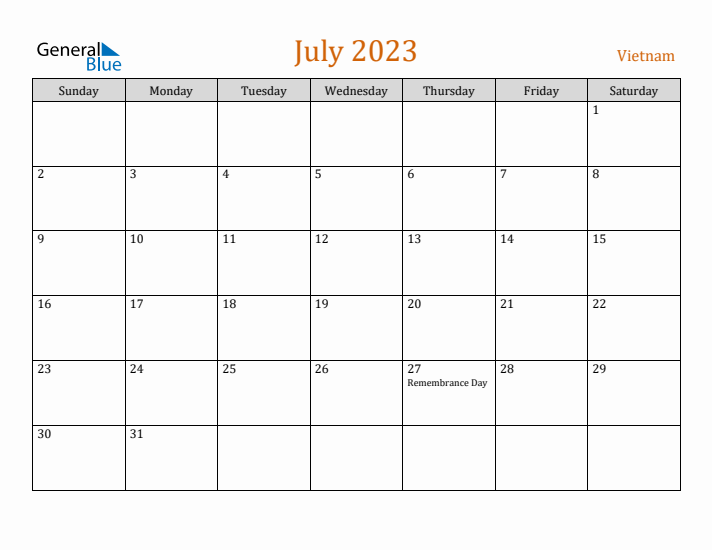 July 2023 Holiday Calendar with Sunday Start