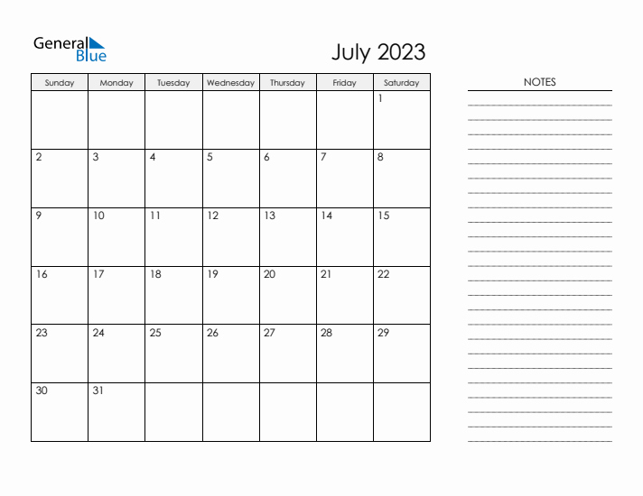 Printable Monthly Calendar with Notes - July 2023