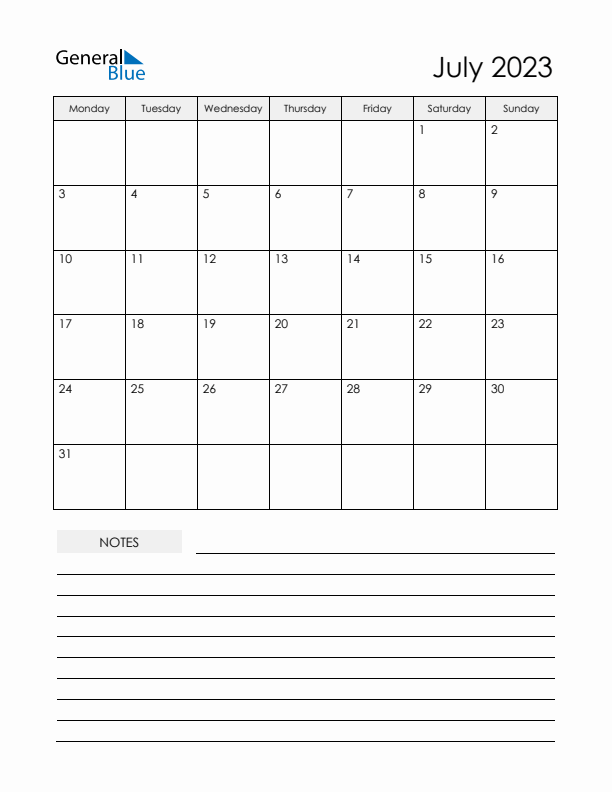 Printable Calendar with Notes - July 2023 