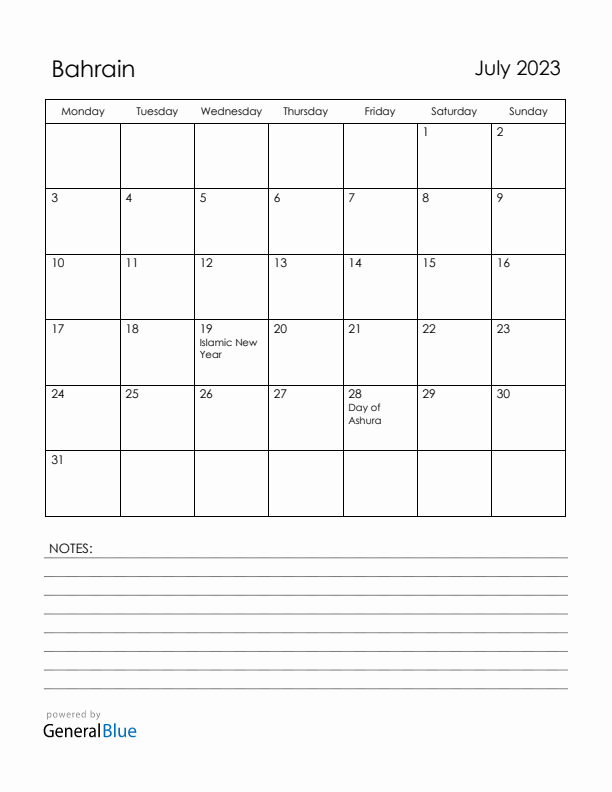 July 2023 Bahrain Calendar with Holidays (Monday Start)