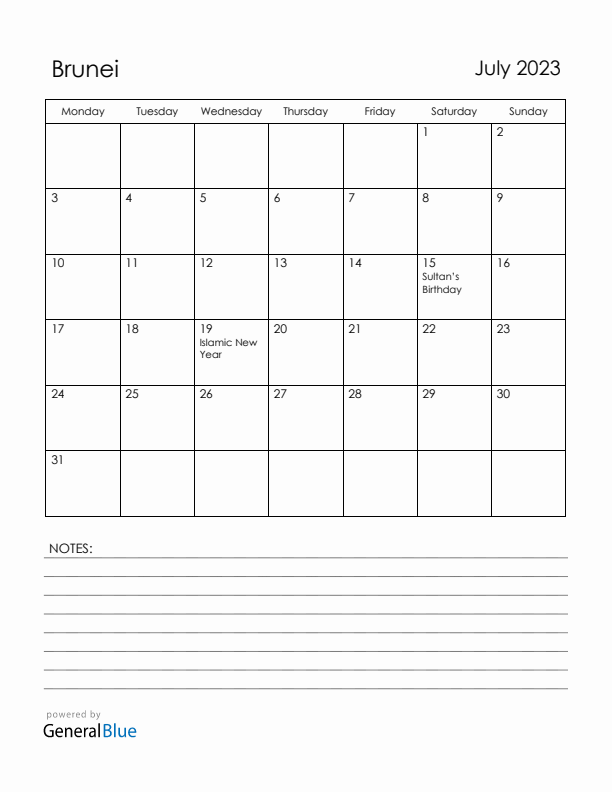 July 2023 Brunei Calendar with Holidays (Monday Start)